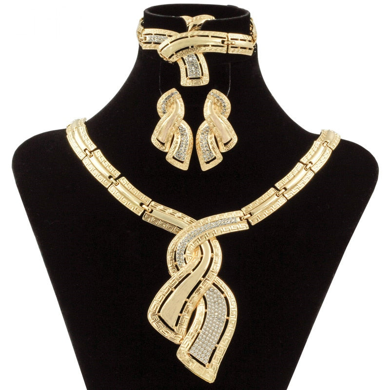 Dubai Gold Jewelry Crystal Necklace Hoop Earrings