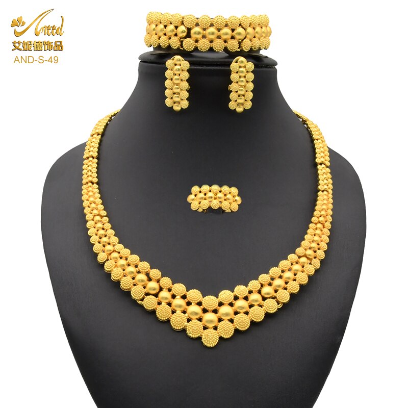 Nigerian Wedding Jewelry Set Gold Plated Dubai African Chokers Necklace Earrings Rings Fashion Bridal Jewellery Sets For Women