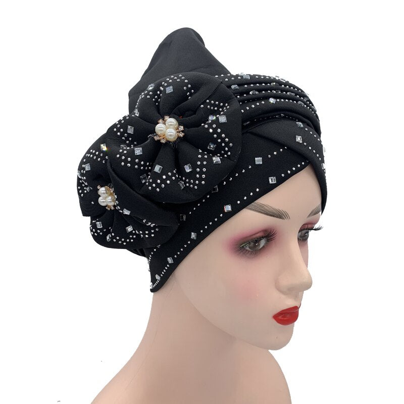Double Bow Turban Cap With Sequins