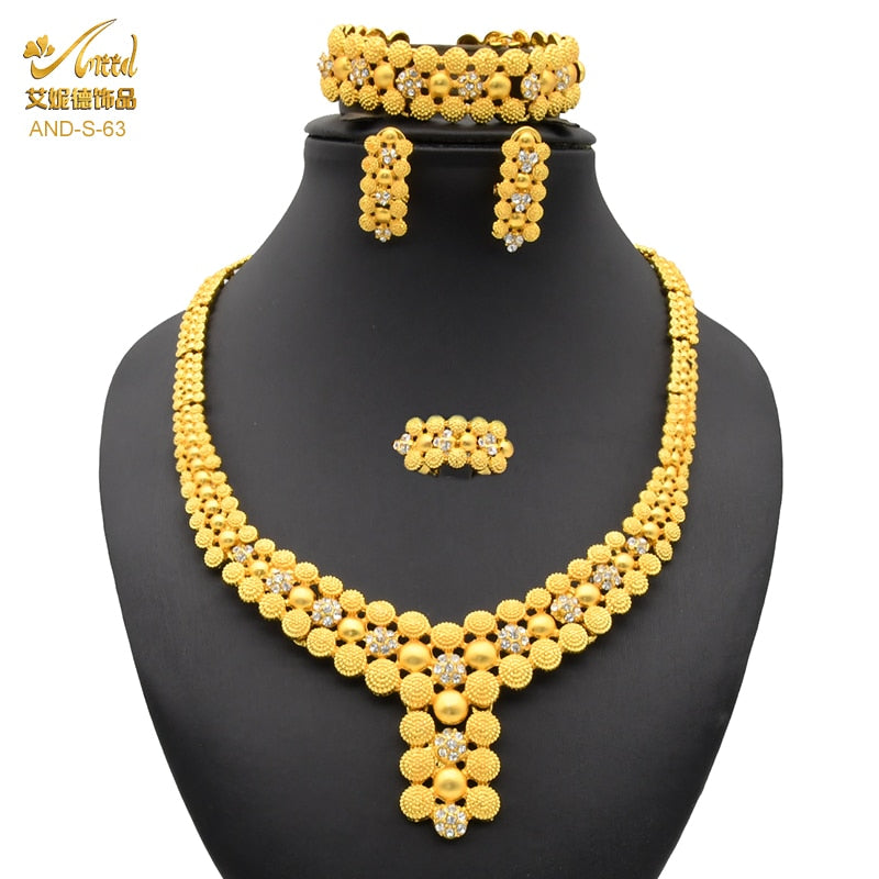 Nigerian Wedding Jewelry Set Gold Plated Dubai African Chokers Necklace Earrings Rings Fashion Bridal Jewellery Sets For Women