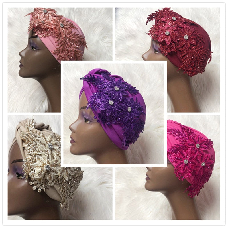 Double Bow Turban Cap With Sequins