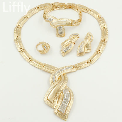 Dubai Gold Jewelry Crystal Necklace Hoop Earrings