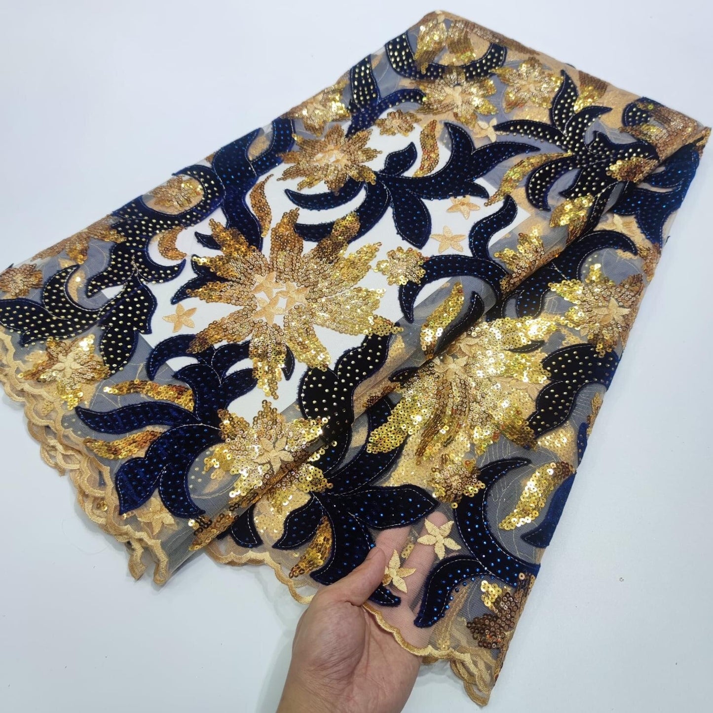 French Velvet Lace Fabric With Stones 5 Yards