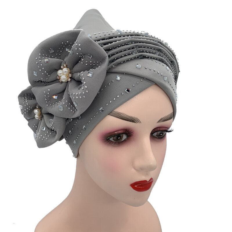 Double Bow Turban Cap With Sequins