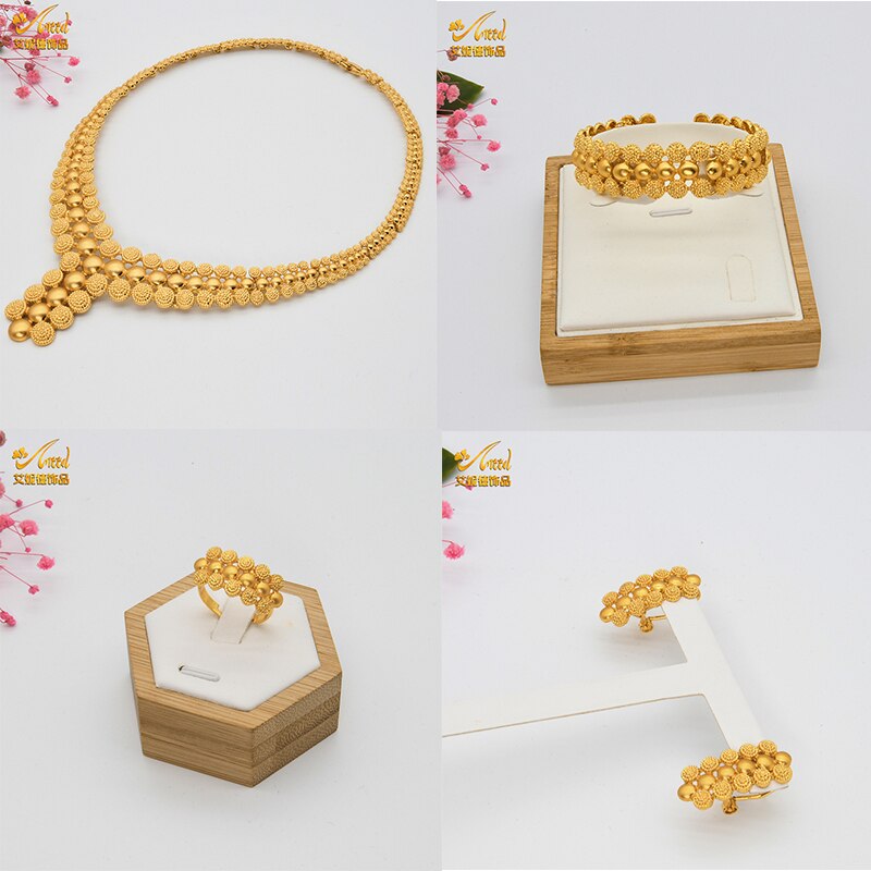 Nigerian Wedding Jewelry Set Gold Plated Dubai African Chokers Necklace Earrings Rings Fashion Bridal Jewellery Sets For Women