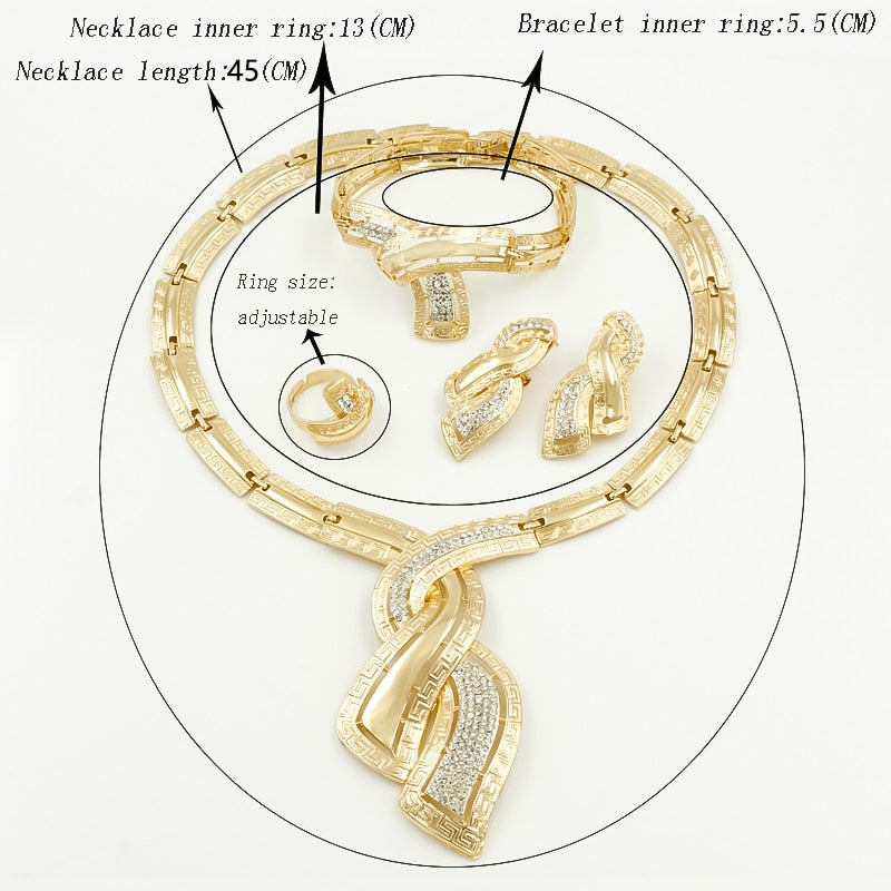 Dubai Gold Jewelry Crystal Necklace Hoop Earrings