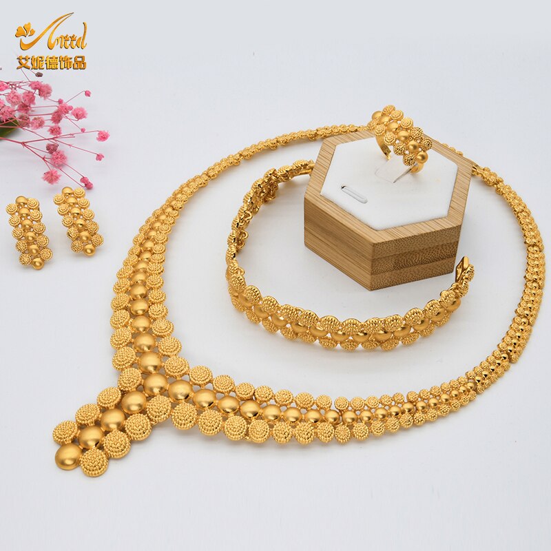 Nigerian Wedding Jewelry Set Gold Plated Dubai African Chokers Necklace Earrings Rings Fashion Bridal Jewellery Sets For Women