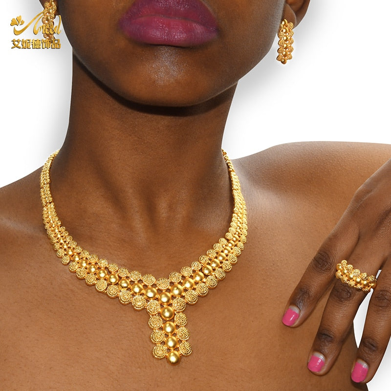 Nigerian Wedding Jewelry Set Gold Plated Dubai African Chokers Necklace Earrings Rings Fashion Bridal Jewellery Sets For Women