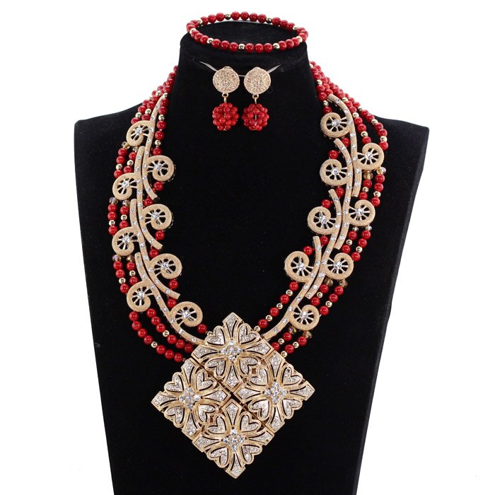 Coral Beads Wedding Jewelry Set For Bride and Groom