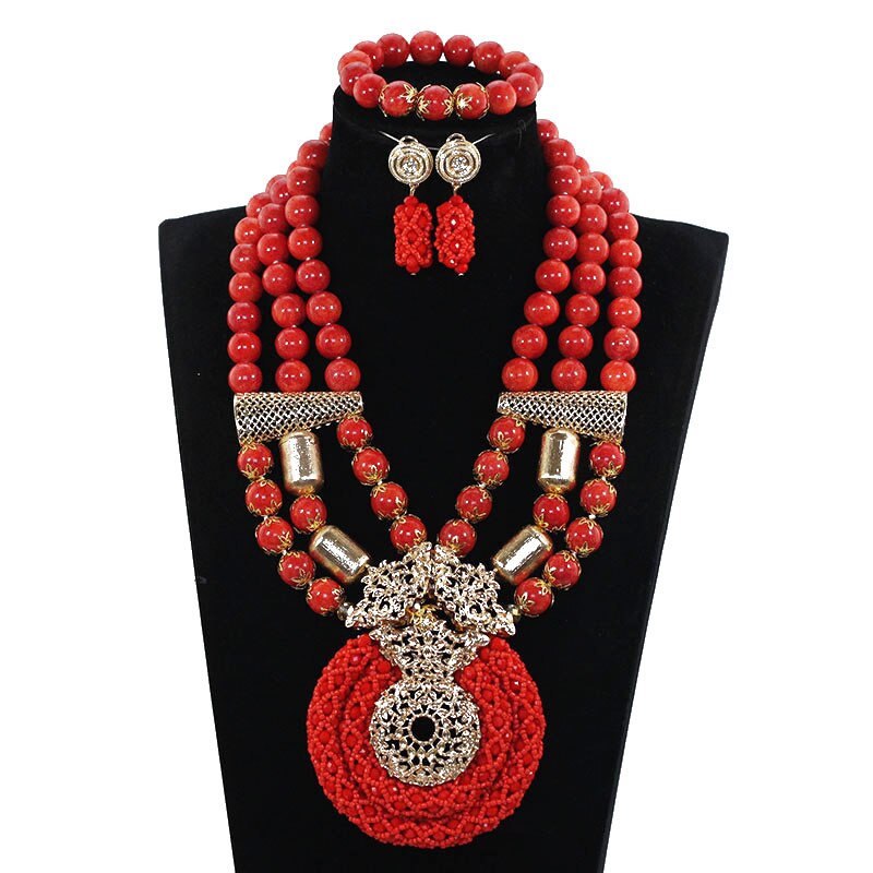 Coral Beads Wedding Jewelry Set For Bride and Groom