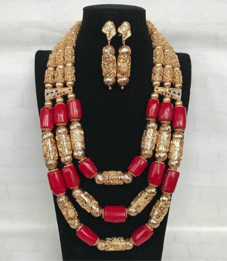 Coral Beads Wedding Jewelry Set For Bride and Groom