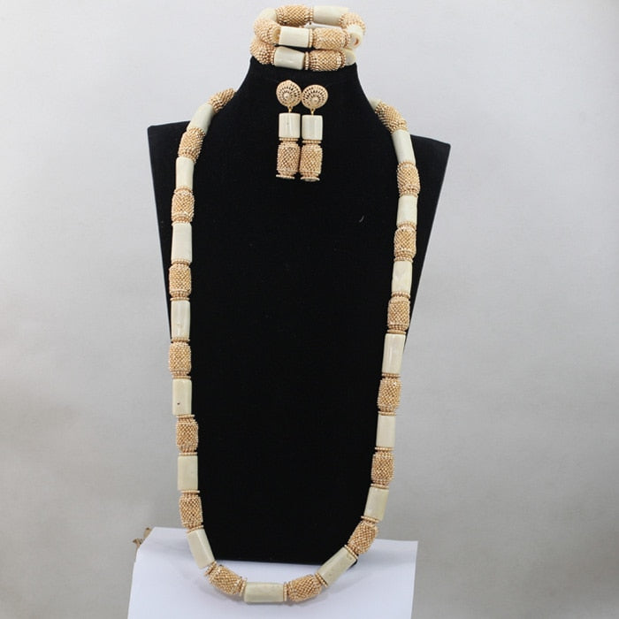 Coral Beads Wedding Jewelry Set For Bride and Groom