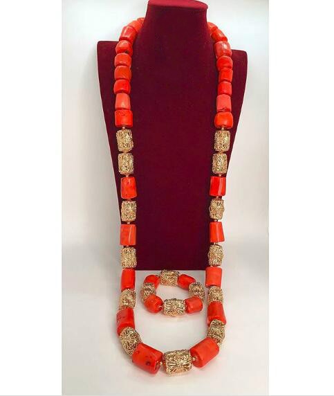 Coral Beads Wedding Jewelry Set For Bride and Groom