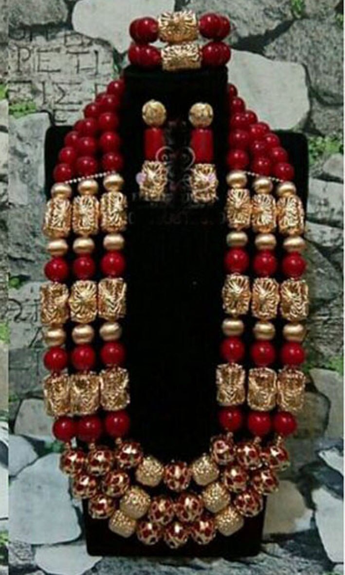 Coral Beads Wedding Jewelry Set For Bride and Groom