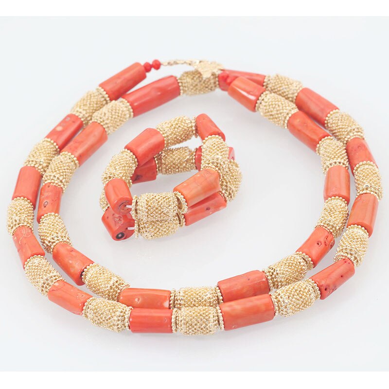 Coral Beads Wedding Jewelry Set For Bride and Groom