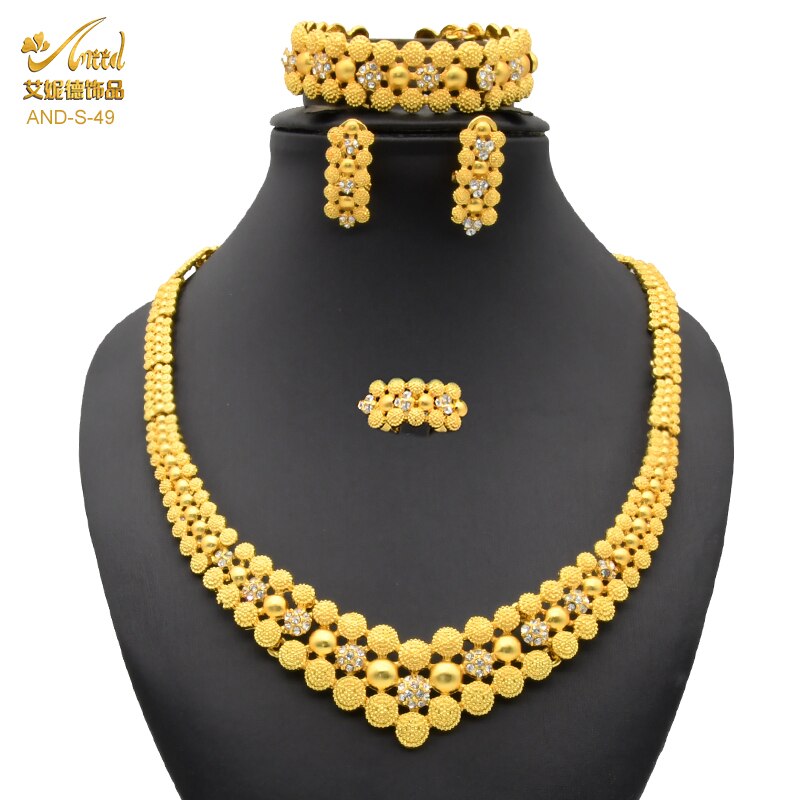 Nigerian Wedding Jewelry Set Gold Plated Dubai African Chokers Necklace Earrings Rings Fashion Bridal Jewellery Sets For Women