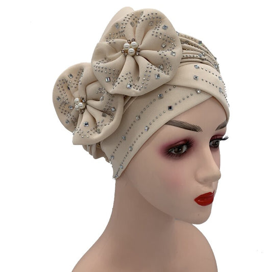 Double Bow Turban Cap With Sequins