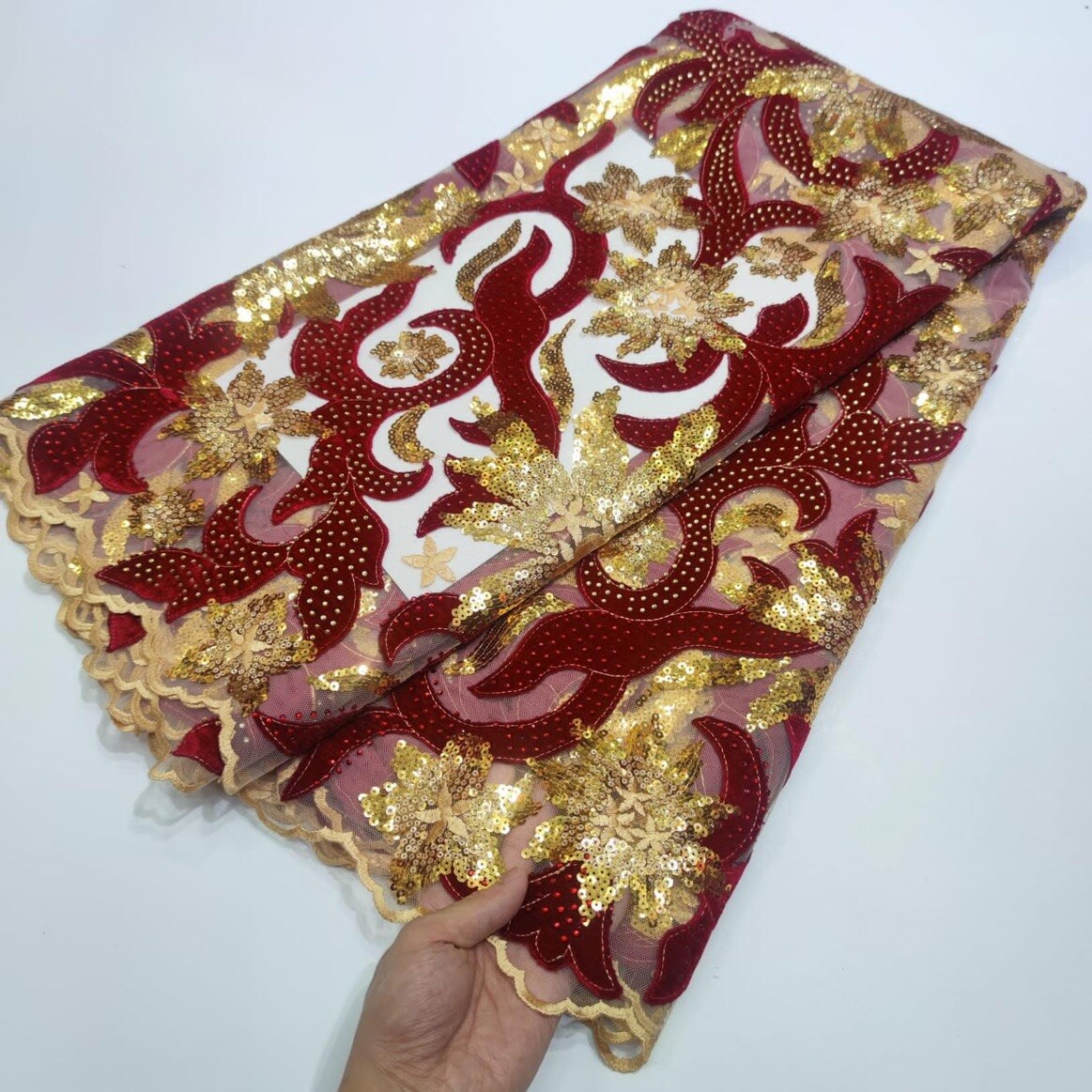 French Velvet Lace Fabric With Stones 5 Yards