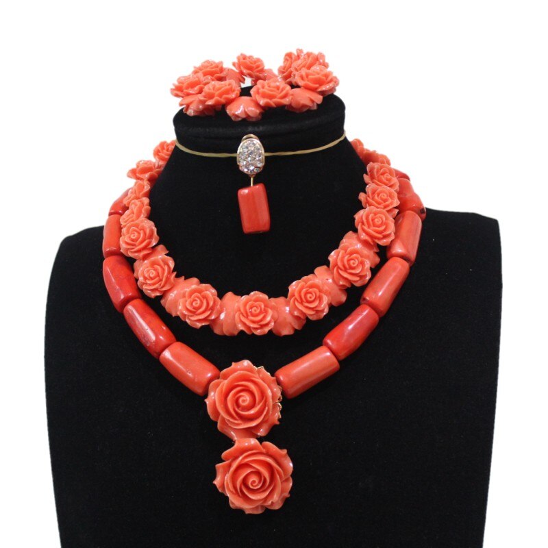 DUDO Original Coral Flowers 2 Layers Nigerian Women Wedding Jewelry Set Traditional Bridal Design Necklace Bracelet Earrings