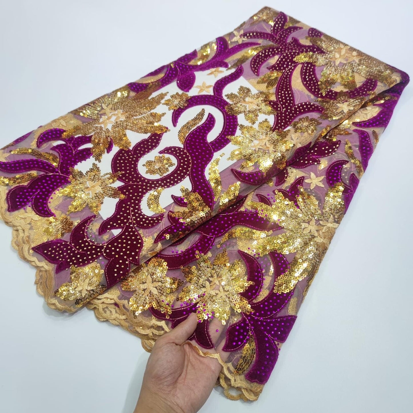 French Velvet Lace Fabric With Stones 5 Yards