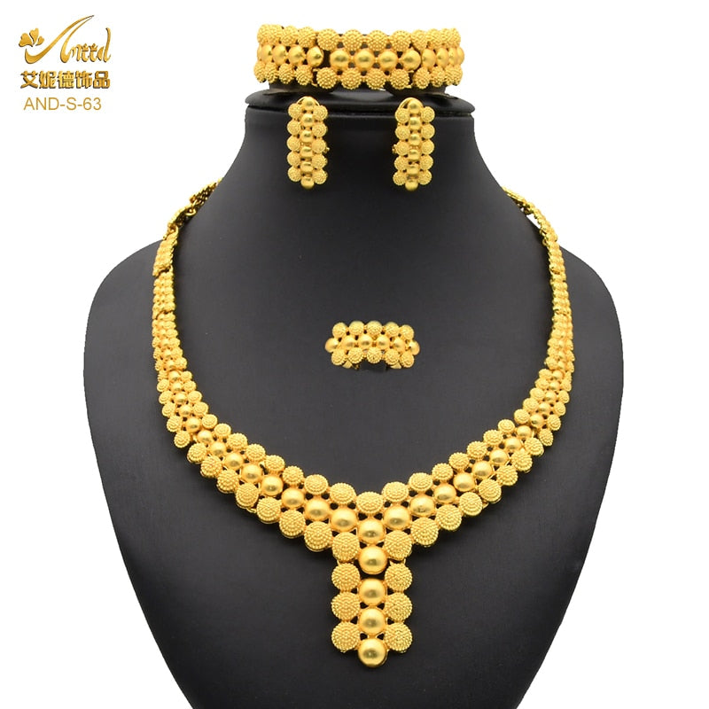 Nigerian Wedding Jewelry Set Gold Plated Dubai African Chokers Necklace Earrings Rings Fashion Bridal Jewellery Sets For Women