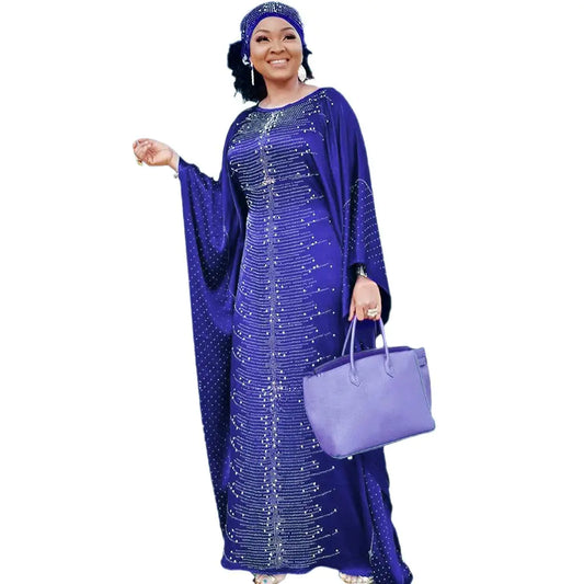 Royal Blue African Kaftan Dress – Beaded Rhinestone Maxi, One Size Fits All
