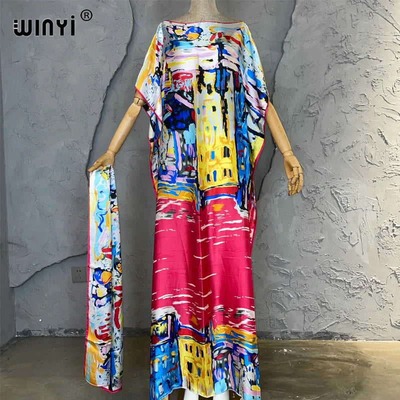 Tropical luxury kaftan dress for women, elegant resort wear with vibrant prints and flowy fabric
