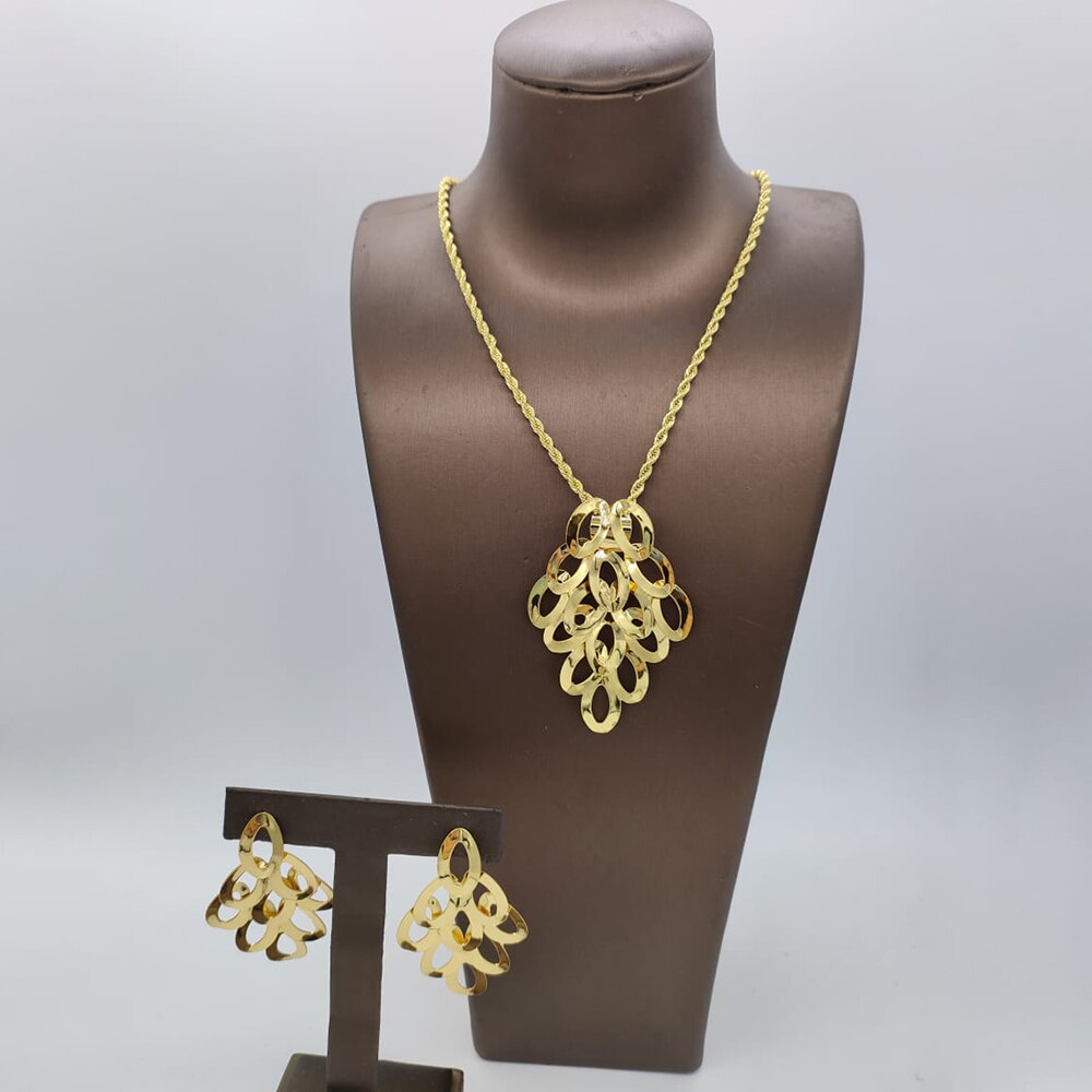 Nigerian Gold Plated Jewelry Set Long Chain Necklace and Earrings 2Pcs Set 18k Gold Color Women Fashion Weddings Party Gifts