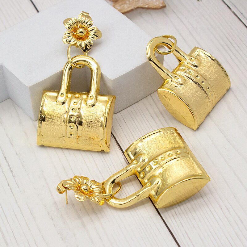 Dubai Gold Plated Jewelry Set Bag Pattern Drop Earrings Necklace Pendant Sets