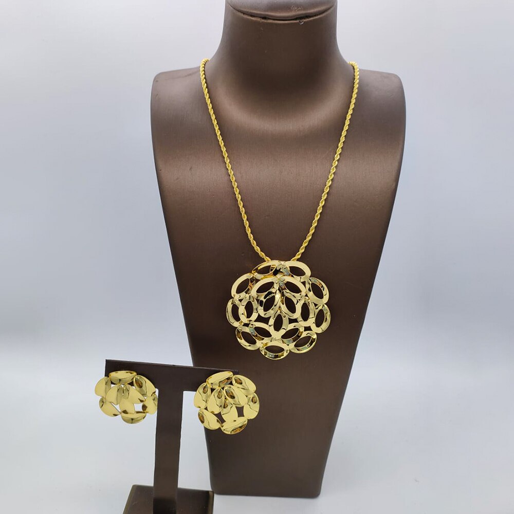 Nigerian Gold Plated Jewelry Set Long Chain Necklace and Earrings 2Pcs Set 18k Gold Color Women Fashion Weddings Party Gifts