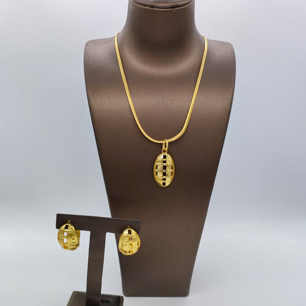 Nigerian Gold Plated Jewelry Set Long Chain Necklace and Earrings 2Pcs Set 18k Gold Color Women Fashion Weddings Party Gifts