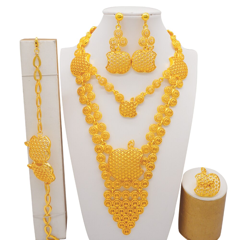 Trendy Nigerian Dubai Gold Color Jewelry Set For Women Tassel Long Chain Bridal Long Necklace Bracelet Earring Ring Wedding Sets