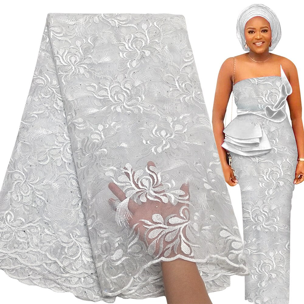 Texgate  Latest French Tulle Lace Fabric High Quality Embroidery Beaded African Lace Fabric 5 Yards For Nigerian Wedding Asoebi