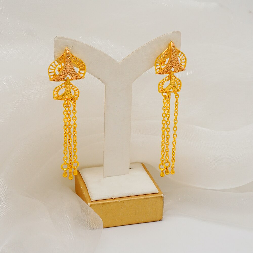 Trendy Nigerian Dubai Gold Color Jewelry Set For Women Tassel Long Chain Bridal Long Necklace Bracelet Earring Ring Wedding Sets