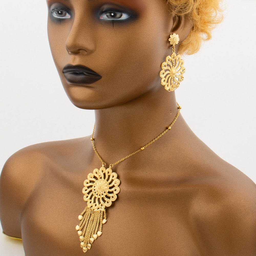 Ethiopian African Jewelry Set for Women Round Necklace Earrings Luxury Chain 18K Gold Plated Nigerian Dubai Fashon Jewelry Gift