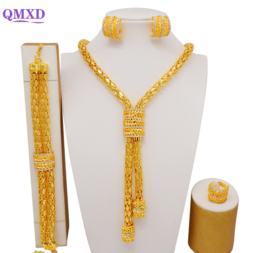 Trendy Nigerian Dubai Gold Color Jewelry Set For Women Tassel Long Chain Bridal Long Necklace Bracelet Earring Ring Wedding Sets