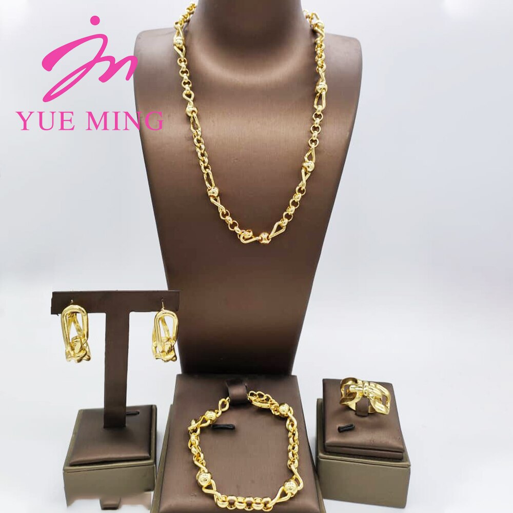 Nigerian Wedding Jewelry Set Gold Plated Copper Chain Dubai African Necklace Bracelet Rings Fashion Bridal Earrings For Women