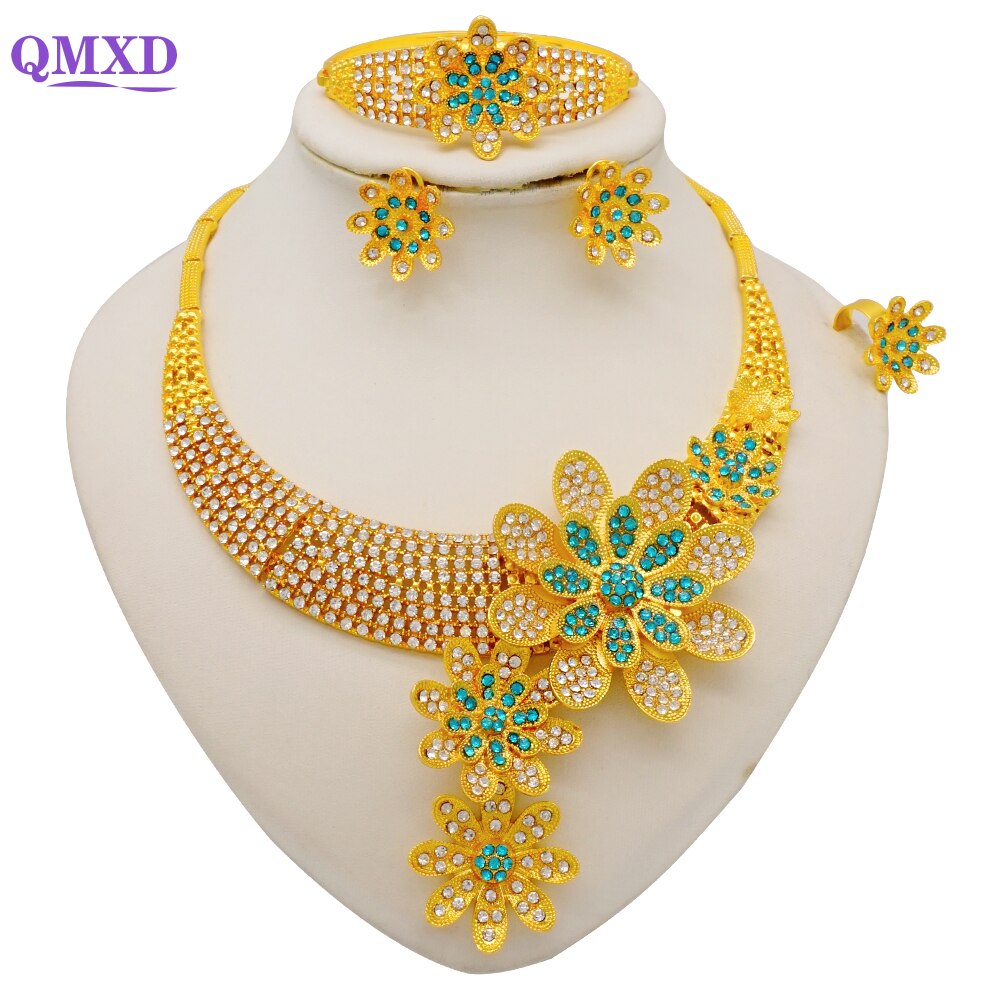 Trendy Nigerian Dubai Gold Color Jewelry Set For Women Tassel Long Chain Bridal Long Necklace Bracelet Earring Ring Wedding Sets