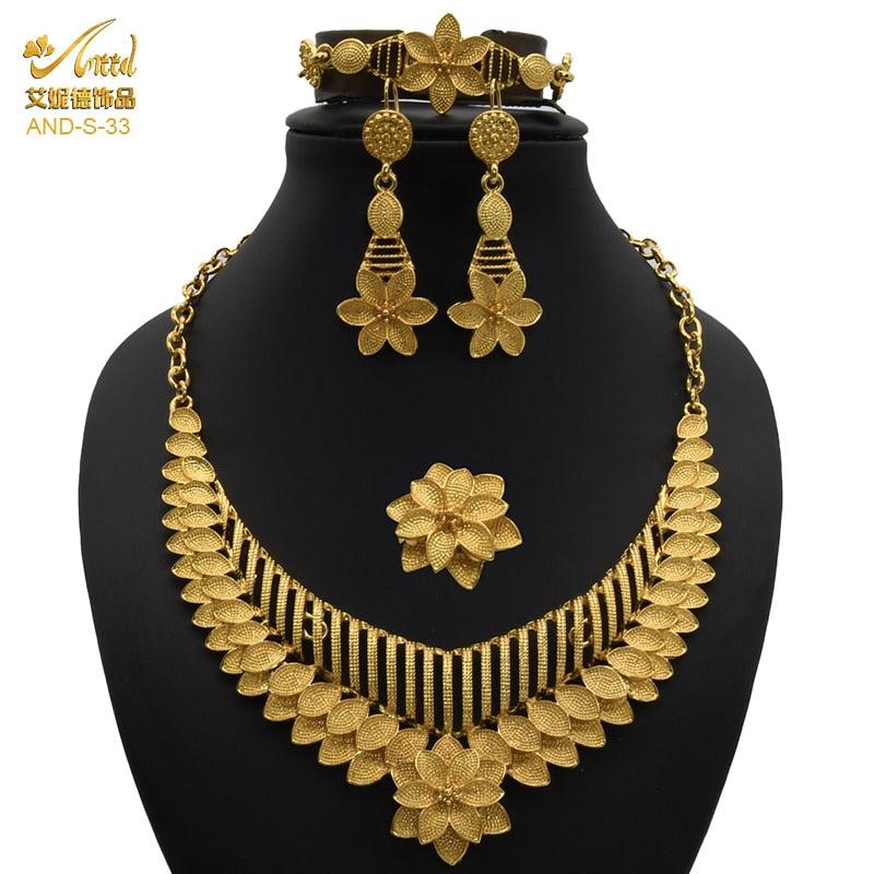 Nigerian Wedding Jewelry Set Gold Plated Dubai African Chokers Necklace Earrings Rings Fashion Bridal Jewellery Sets For Women