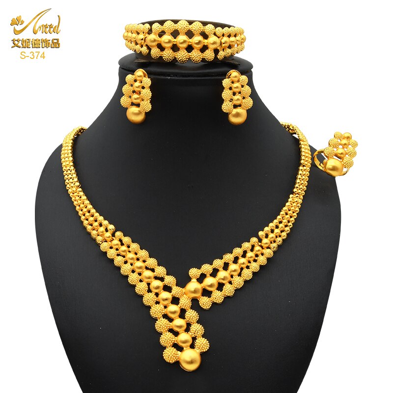 Nigerian Wedding Jewelry Set Gold Plated Dubai African Chokers Necklace Earrings Rings Fashion Bridal Jewellery Sets For Women