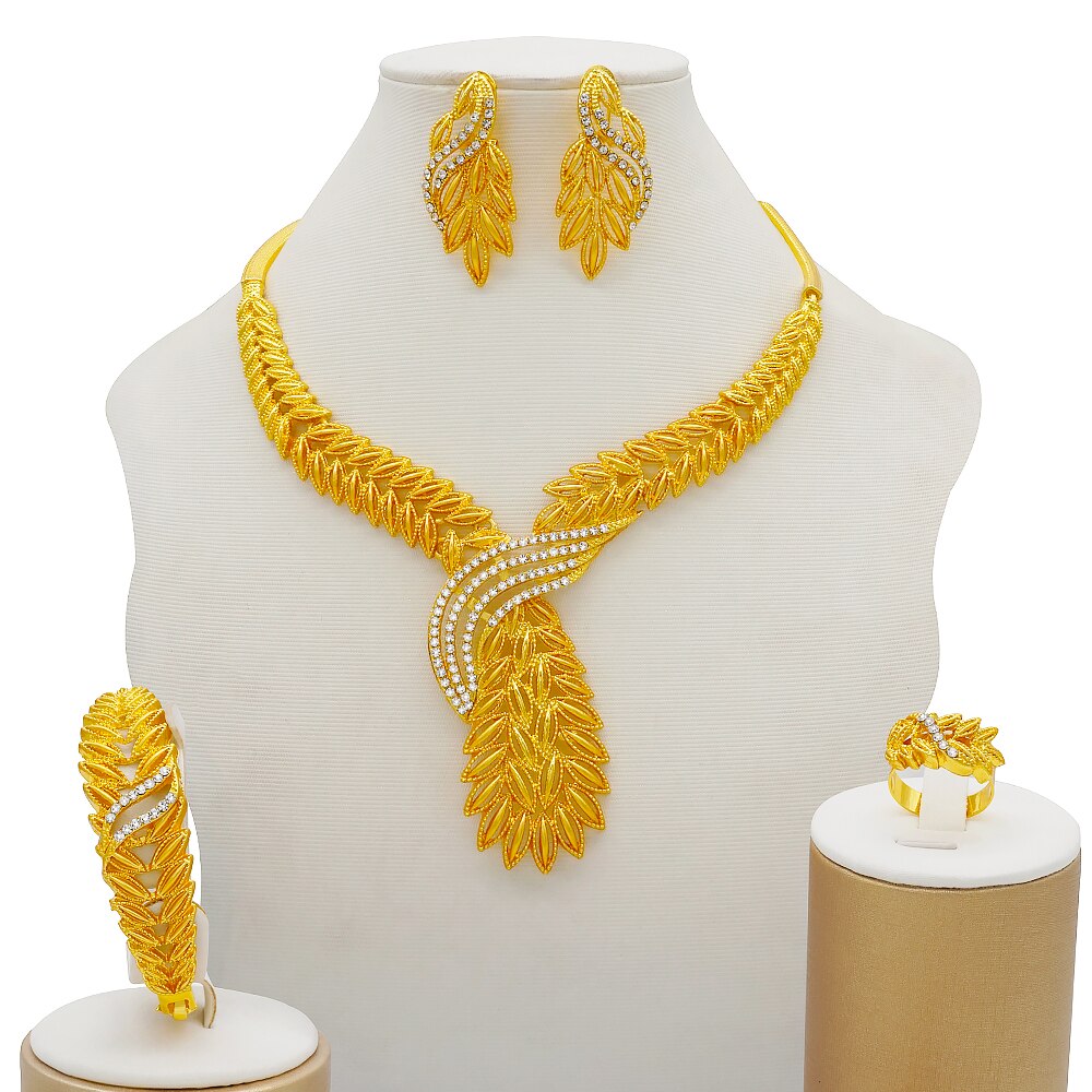 Trendy Nigerian Dubai Gold Color Jewelry Set For Women Tassel Long Chain Bridal Long Necklace Bracelet Earring Ring Wedding Sets