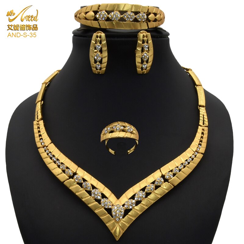 Nigerian Wedding Jewelry Set Gold Plated Dubai African Chokers Necklace Earrings Rings Fashion Bridal Jewellery Sets For Women