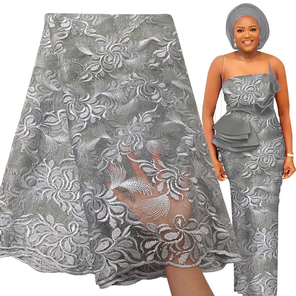 Texgate  Latest French Tulle Lace Fabric High Quality Embroidery Beaded African Lace Fabric 5 Yards For Nigerian Wedding Asoebi