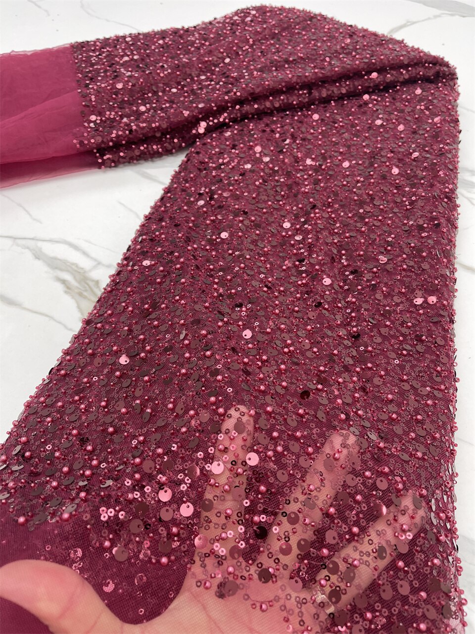 Wine Sequins Swiss Lace