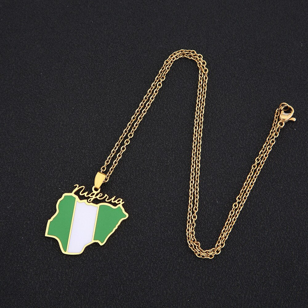Gold Plated Stainless Steel Nigerian Map Pendant Necklace Unisex