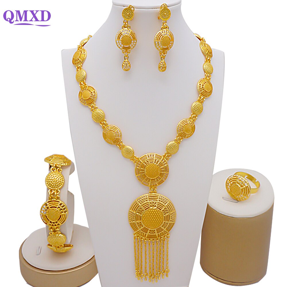 Trendy Nigerian Dubai Gold Color Jewelry Set For Women Tassel Long Chain Bridal Long Necklace Bracelet Earring Ring Wedding Sets