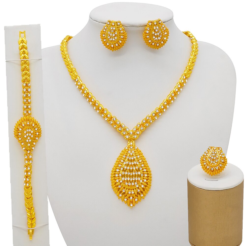 Trendy Nigerian Dubai Gold Color Jewelry Set For Women Tassel Long Chain Bridal Long Necklace Bracelet Earring Ring Wedding Sets