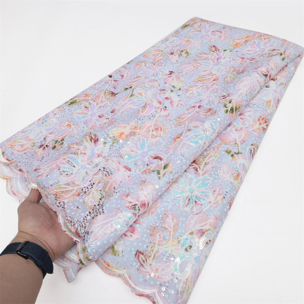 Luxury Flocking Velvet French Net Lace Fabric 5 Yards High Quality Sequins Embroidery Nigerian Lace Material Asoebi Dress LY1467