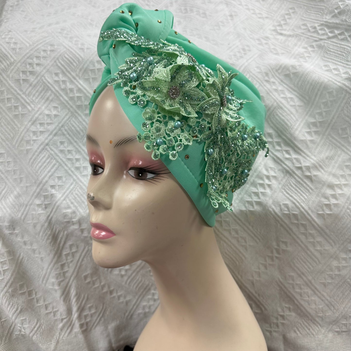 Double Bow Turban Cap With Sequins