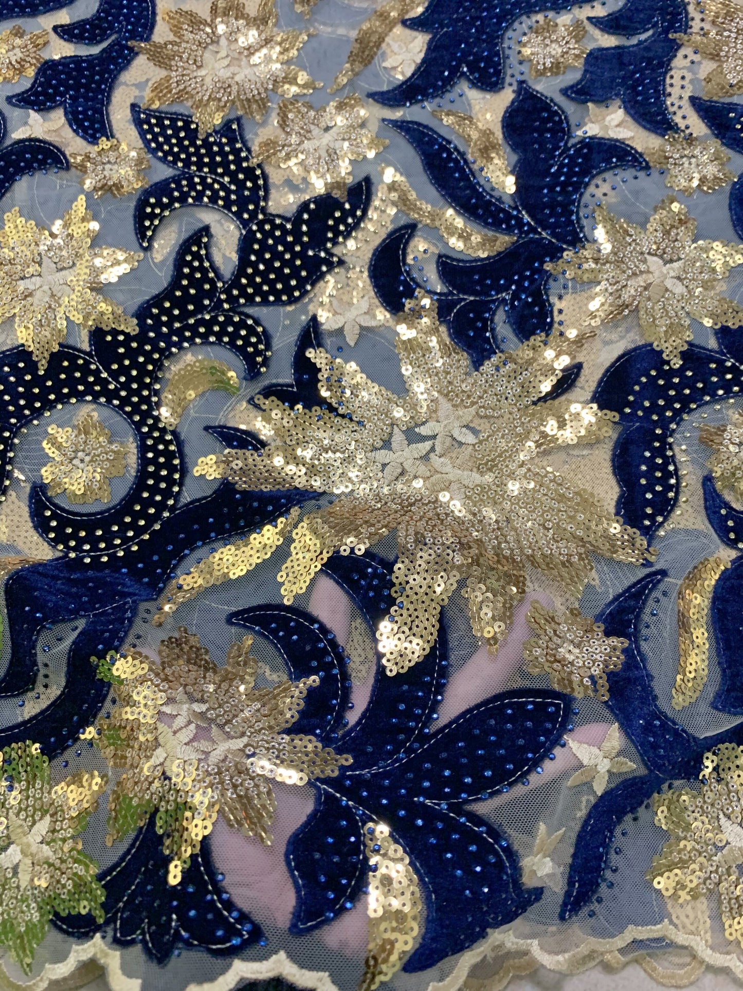 French Velvet Lace Fabric With Stones 5 Yards